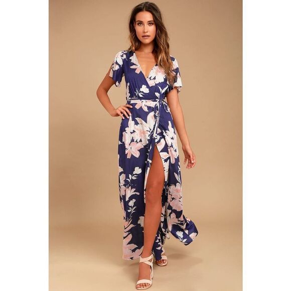 Lulus Azalea Regalia Navy Blue Floral Print Wrap Maxi Dress - Picture 3 of 9